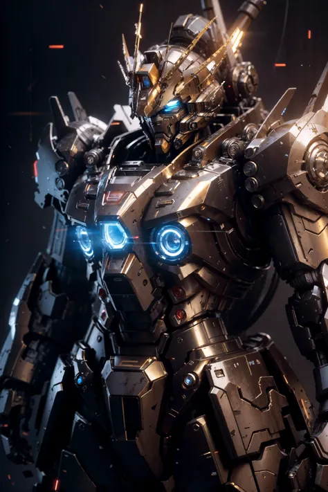 bj_gundam, solo, looking_at_viewer, blue_eyes, standing, no_humans, glowing, robot, mecha, glowing_eyes, clenched_hands, science_fiction, straight-on, v-fin, mobile_suit, cinematic lighting, strong contrast, high level of detail, Best quality, masterpiece, neon background, (wide angle:1.4), <lora:Gundam_Mecha_v3.1:0.7>