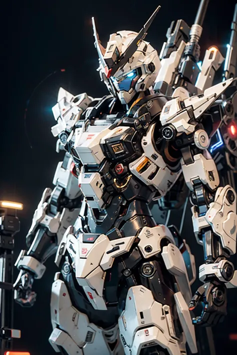 bj_gundam, solo, looking_at_viewer, blue_eyes, standing, no_humans, glowing, robot, mecha, glowing_eyes, clenched_hands, science_fiction, straight-on, v-fin, mobile_suit, cinematic lighting, strong contrast, high level of detail, Best quality, masterpiece, neon background, (wide angle:1.4), <lora:Gundam_Mecha_v3.1:0.7>