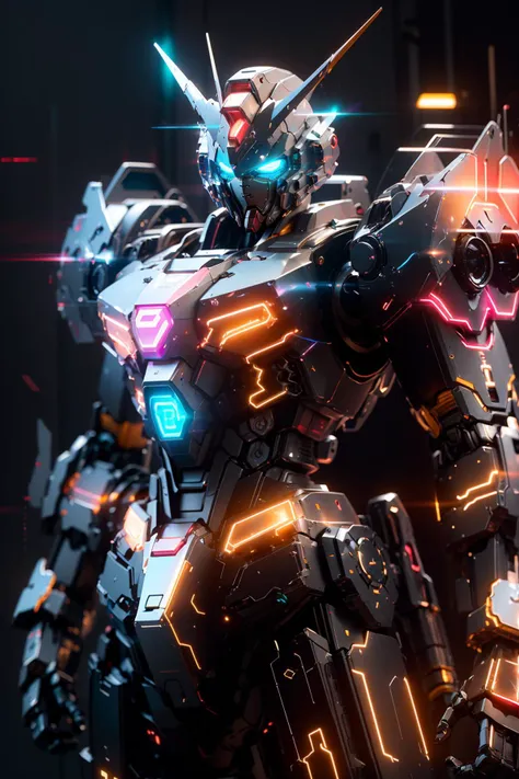 Gundam, solo, looking_at_viewer, blue_eyes, standing, no_humans, glowing, robot, mecha, glowing_eyes, clenched_hands, science_fiction, straight-on, v-fin, mobile_suit, cinematic lighting, strong contrast, high level of detail, Best quality, masterpiece, neon background, (wide angle:1.4), <lora:gundam_Transparent:0.7>