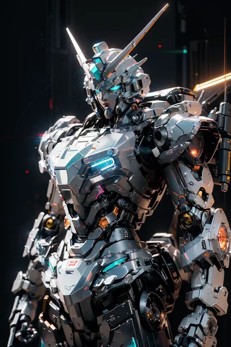 Gundam, solo, looking_at_viewer, blue_eyes, standing, no_humans, glowing, robot, mecha, glowing_eyes, clenched_hands, science_fiction, straight-on, v-fin, mobile_suit, cinematic lighting, strong contrast, high level of detail, Best quality, masterpiece, neon background, (wide angle:1.4), <lora:gundam_Transparent:0.7>