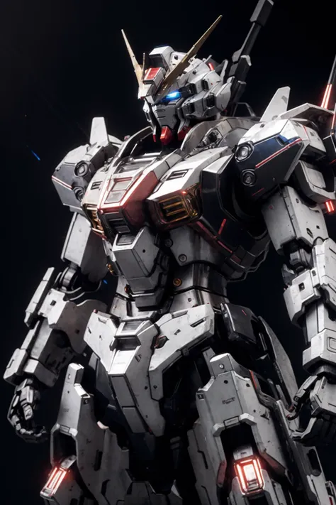 bj_gundam, solo, looking_at_viewer, blue_eyes, standing, no_humans, glowing, robot, mecha, glowing_eyes, clenched_hands, science_fiction, straight-on, v-fin, mobile_suit, cinematic lighting, strong contrast, high level of detail, Best quality, masterpiece, neon background, (wide angle:1.4), <lora:Gundam_Mecha_v3.1:0.7>