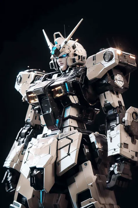 Gundam, solo, looking_at_viewer, blue_eyes, standing, no_humans, glowing, robot, bj_gundam_mecha, glowing_eyes, clenched_hands, science_fiction, straight-on, v-fin, mobile_suit, cinematic lighting, strong contrast, high level of detail, Best quality, masterpiece, neon background, (wide angle:1.4), <lora:Gundam_Mecha:0.7>