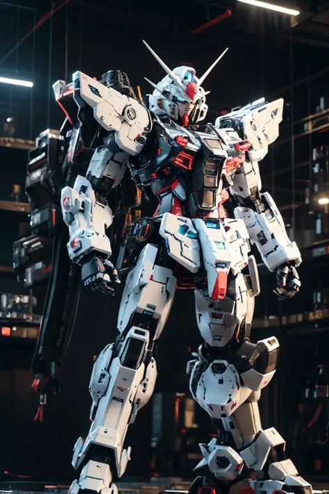 Gundam, solo, looking_at_viewer, blue_eyes, standing, no_humans, glowing, robot, bj_gundam_mecha, glowing_eyes, clenched_hands, science_fiction, straight-on, v-fin, mobile_suit, cinematic lighting, strong contrast, high level of detail, Best quality, masterpiece, neon background, (wide angle:1.4), <lora:Gundam_Mecha:0.7>