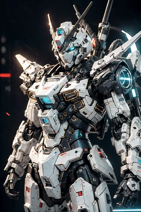 bj_gundam, solo, looking_at_viewer, blue_eyes, standing, no_humans, glowing, robot, mecha, glowing_eyes, clenched_hands, science_fiction, straight-on, v-fin, mobile_suit, cinematic lighting, strong contrast, high level of detail, Best quality, masterpiece, neon background, (wide angle:1.4), <lora:Gundam_Mecha_v3.1:0.7>