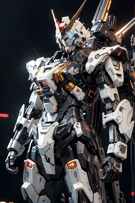 bj_gundam, solo, looking_at_viewer, blue_eyes, standing, no_humans, glowing, robot, mecha, glowing_eyes, clenched_hands, science_fiction, straight-on, v-fin, mobile_suit, cinematic lighting, strong contrast, high level of detail, Best quality, masterpiece, neon background, (wide angle:1.4), <lora:Gundam_Mecha_v3.1:0.7>