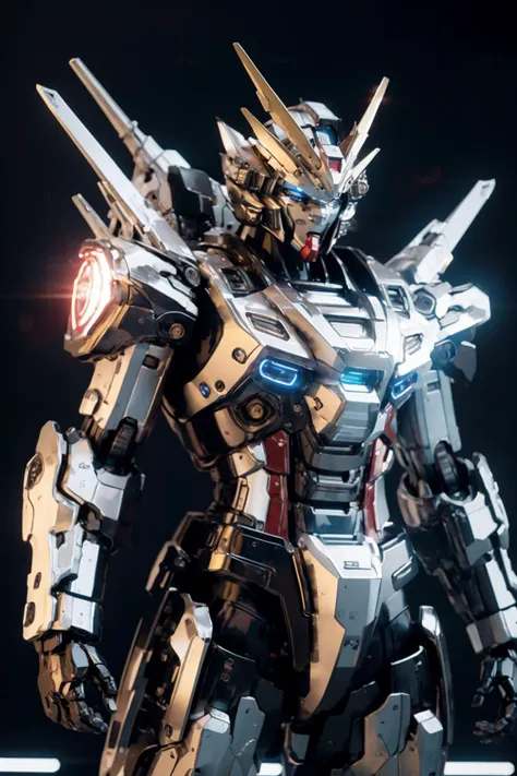 bj_gundam, solo, looking_at_viewer, blue_eyes, standing, no_humans, glowing, robot, mecha, glowing_eyes, clenched_hands, science_fiction, straight-on, v-fin, mobile_suit, cinematic lighting, strong contrast, high level of detail, Best quality, masterpiece, neon background, (wide angle:1.4), <lora:Gundam_Mecha_v3.1:0.7>