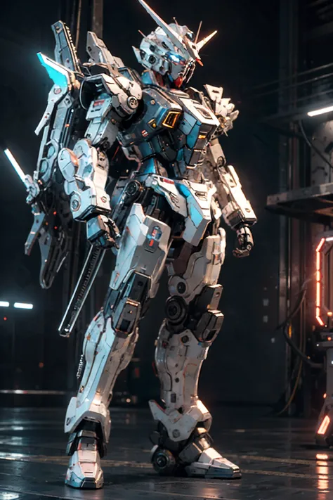 bj_gundam, solo, looking_at_viewer, blue_eyes, standing, no_humans, glowing, robot, mecha, glowing_eyes, clenched_hands, science_fiction, straight-on, v-fin, mobile_suit, cinematic lighting, strong contrast, high level of detail, Best quality, masterpiece, neon background, (wide angle, full body shot:1.4), <lora:Gundam_Mecha_v3.1:0.9>