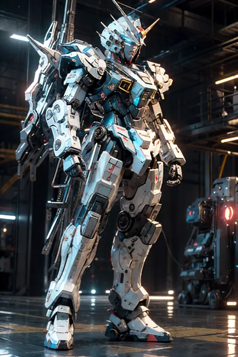 bj_gundam, solo, looking_at_viewer, blue_eyes, standing, no_humans, glowing, robot, mecha, glowing_eyes, clenched_hands, science_fiction, straight-on, v-fin, mobile_suit, cinematic lighting, strong contrast, high level of detail, Best quality, masterpiece, neon background, (wide angle, full body shot:1.4), <lora:Gundam_Mecha_v3.1:0.9>