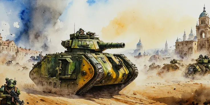 watercolor \(medium\, Generate a stunning art style, a true [masterpiece] [best quality] of art. lmnrsstnk tank,  charging forward. In the background a [battlefield, gothic city, warhammer 40k] is to be seen in [grand:1.8, high-scale:1.8, panorama:1.8] from [from below].
<lora:Leman_Russ_Battle_Tank_-_Warhammer_40000_SDXL:1>