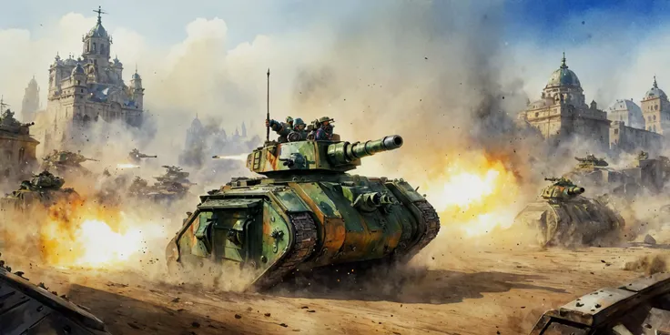 watercolor \(medium\, Generate a stunning art style, a true [masterpiece] [best quality] of art. lmnrsstnk tank,  charging forward. In the background a [battlefield, gothic city, warhammer 40k] is to be seen in [grand:1.8, high-scale:1.8, panorama:1.8] from [from below].
<lora:Leman_Russ_Battle_Tank_-_Warhammer_40000_SDXL:1>