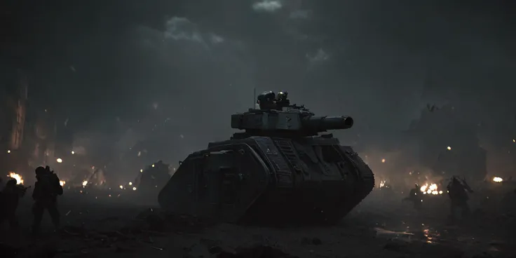 Generate a stunning art style, a true [masterpiece] [best quality] of art. The image showcases [detailed linework], [dynamic shading], and [dramatic lighting], bringing to life a [dreading atmosphere, grim dark coloures]. In the background a [battlefield, gothic city, warhammer 40k] is to be seen in [grand:1.8, high-scale:1.8, panorama:1.8] from [from below].  lmnrsstnk tank,  charging forward.
<lora:Leman_Russ_Battle_Tank_-_Warhammer_40000_SDXL:1>