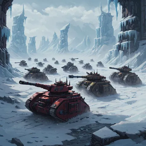 On the icy plains of a frozen world, a line of lmnrsstnk tanks faces down a horde of Ork war machines and beasts charging across the slippery surface. Snow and ice whirl around as the tanks' treads churn up frost, their cannons booming echoes that roll like thunder through the frigid air. The scene captures a stark, white expanse broken only by the flashes of gunfire and the vibrant colors of Ork banners, as the tanks leverage their superior firepower and positioning against the raw ferocity of the Ork onslaught