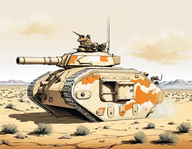 lithograph,currier and ives style,a lmnrsstnk,side view,tan and orange camouflage paint tank, <lora:Leman_Russ_Battle_Tank_-_Warhammer_40000_SDXL:0.85>,in arid plains,((round turret)),no humans,landscape