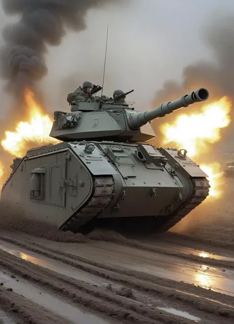 lmnrsstnk tank in action on the battlefield,
 <lora:Leman_Russ_Battle_Tank_-_Warhammer_40000_SDXL:0.8>