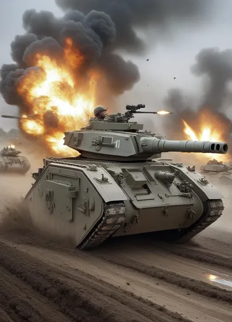 lmnrsstnk tank in action on the battlefield,
 <lora:Leman_Russ_Battle_Tank_-_Warhammer_40000_SDXL:0.8>