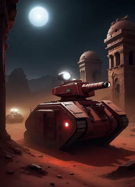 lmnrsstnk tank guarding an outpost in the ruins of an ancient city at night with the headlights on. Dirty and dusty atmosphere, a red sand planet, science fiction
 <lora:Leman_Russ_Battle_Tank_-_Warhammer_40000_SDXL:1>