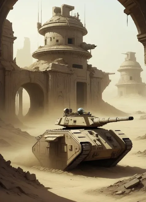lmnrsstnk tank guarding an outpost in the ruins of an ancient city. Dirty and dusty atmosphere, a sand planet, science fiction
 <lora:Leman_Russ_Battle_Tank_-_Warhammer_40000_SDXL:0.8>