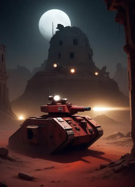 lmnrsstnk tank guarding an outpost in the ruins of an ancient city at night with the headlights on. Dirty and dusty atmosphere, a red sand planet, science fiction
 <lora:Leman_Russ_Battle_Tank_-_Warhammer_40000_SDXL:1>