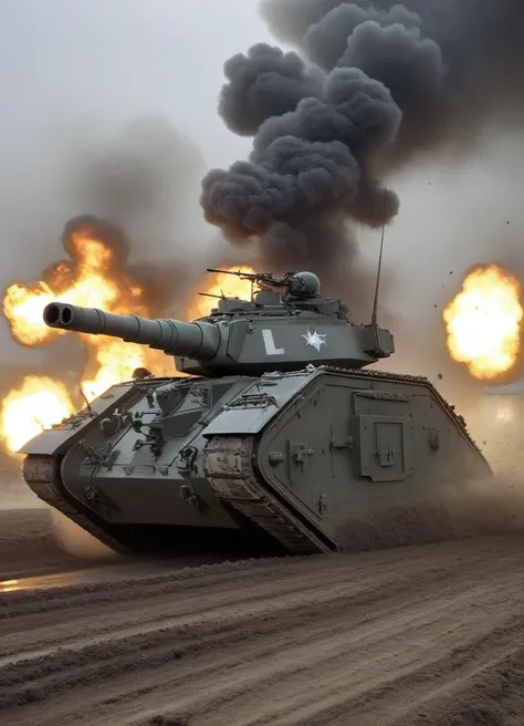 lmnrsstnk tank in action on the battlefield,
 <lora:Leman_Russ_Battle_Tank_-_Warhammer_40000_SDXL:0.8>