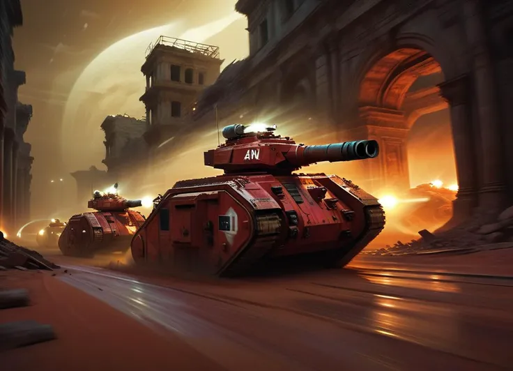 a realistic and gritty image of an lmnrsstnk tank on patrol in the ruins of an ancient city at night with the headlights on. In motion. Soldiers in heavy armor and futuristic weapons are marching with the tank. Dirty and dusty atmosphere, a red sand planet, science fiction, low angle, dramatic light, highly detailed and textured
<lora:Leman_Russ_Battle_Tank_-_Warhammer_40000_SDXL:1> <lora:Dont_Stop_Me_Now:0.8>