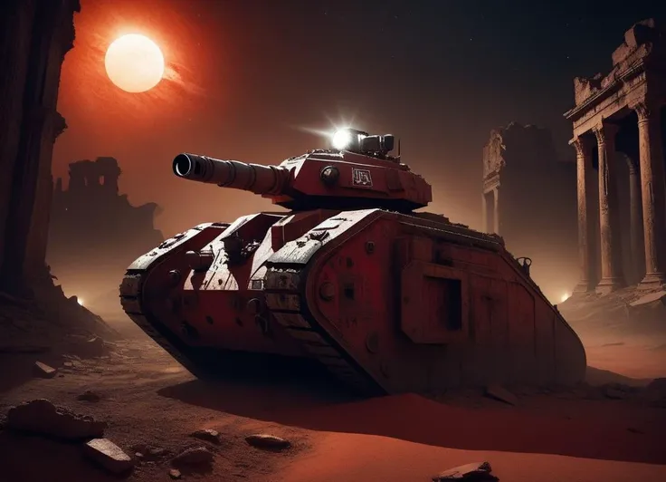 a realistic and gritty image of an lmnrsstnk tank on patrol in the ruins of an ancient city at night with the headlights on. Dirty and dusty atmosphere, a red sand planet, science fiction, low angle, dramatic light, highly detailed and textured
 <lora:Leman_Russ_Battle_Tank_-_Warhammer_40000_SDXL:1>