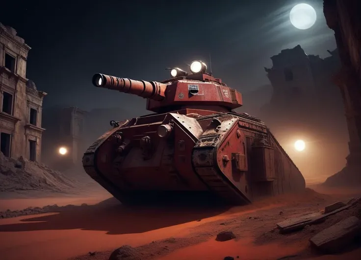 a realistic and gritty image of an lmnrsstnk tank on patrol in the ruins of an ancient city at night with the headlights on. Dirty and dusty atmosphere, a red sand planet, science fiction, low angle, dramatic light, highly detailed and textured
 <lora:Leman_Russ_Battle_Tank_-_Warhammer_40000_SDXL:1>