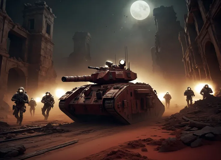 a realistic and gritty image of an lmnrsstnk tank on patrol in the ruins of an ancient city at night with the headlights on accompanied by soldiers in heavy armor and futuristic weapons are marching with the tank. Dirty and dusty atmosphere, a red sand planet, science fiction, low angle, dramatic light, highly detailed and textured
 <lora:Leman_Russ_Battle_Tank_-_Warhammer_40000_SDXL:0.8>