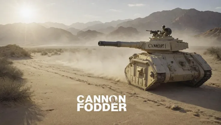 <lora:Leman_Russ_Battle_Tank_-_Warhammer_40000_SDXL:0.8> lmnrsstnk tank with a text on it saying "Cannon Fodder" in the desert, dramatic light,