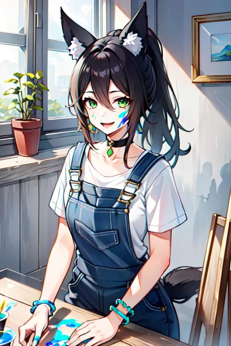 tingyun(hsr), collarbone, green eyes, paint splatter, tail, choker, looking at viewer, hair between eyes, indoors, black choker, jewelry, black hair, paint splatter on face, overalls, plant, potted plant, medium breasts, bracelet, long hair, animal ear fluff, shirt, paintbrush, holding paintbrush, blue overalls, smile, solo, 1girl, ponytail, animal ears, white shirt, closed mouth, holding <lora:tingyun:0.7>