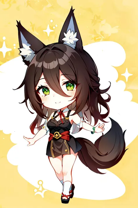 <lora:tingyun:0.7> tingyun(hsr), jewelry, solo, open mouth, bracelet, brown hair, long hair, green eyes, simple background, gradiant background, 1girl, animal ears, heart, :3, smile, tail, looking at viewer, hair between eyes, chibi,vector art , abstract color