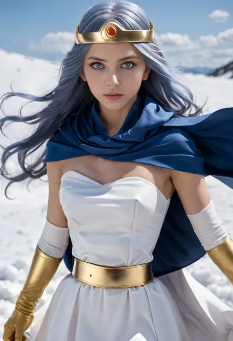 film action shot of DQSage a young russian girl with long hair wearing a blue cape and a white dress, yellow glove, blue hair, (close up), dramatic lighting, forehead jewelry, look at viewer, mini skirt, gold belt, (at snowfield, light particles:1.0),
(face tiny wrinkles, face oily skin type, face bad skin), skin tight, incredible face detail, skin texture, (face skin pores, face hair follicle, face large pores),
<lora:DQSage:1.0>