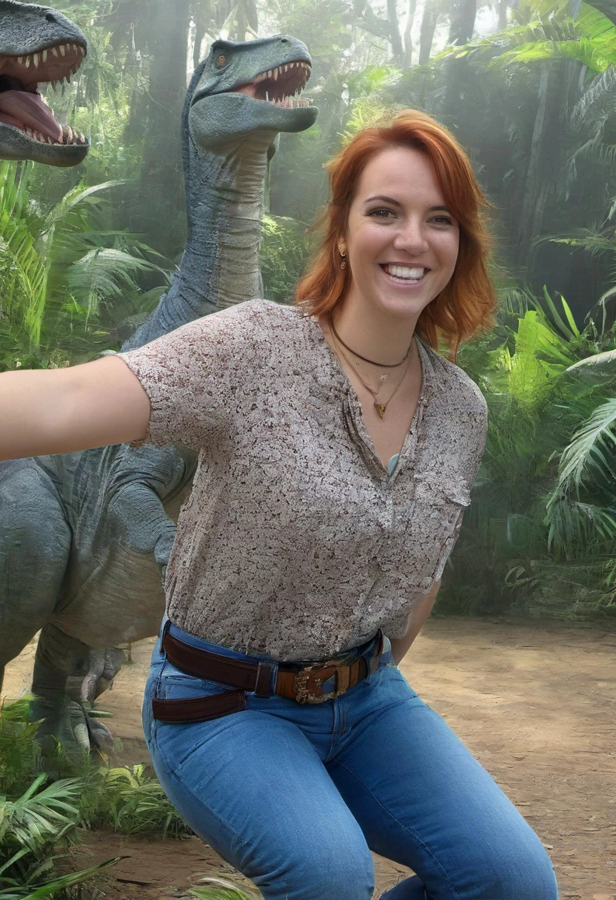 medium body shot, <lora:b200_woman:0.8>, realistic photo of a b200 woman, hair, freckles, necklace, wearing a blouse, wearing jeans, belt, smiling, teeth, jungle background, dinosaurs, trex, raptors, sunlight