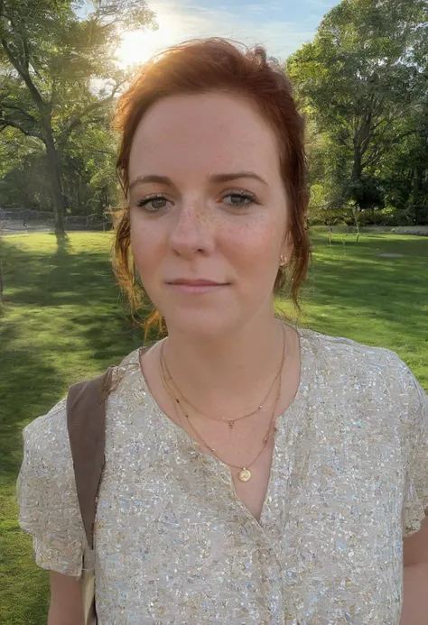 clpse up shot, <lora:b200_woman:0.7>, realistic photo of a b200 woman, hair, freckles, necklace, wearing a blouse, standing, trees in background, sunlight