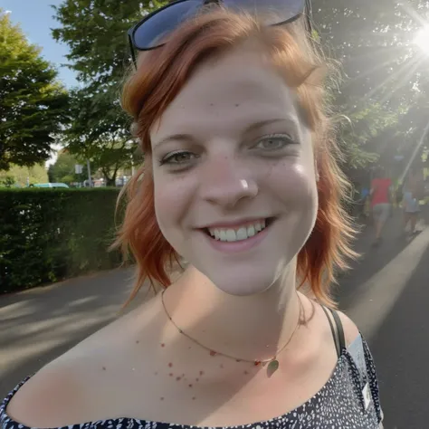 (4k,masterpiece)((photorealistic:1), best quality, photograph of a b200 woman, collarbone, wavy hair, looking at viewer, blurry foreground, upper body, necklace, contemporary, plain pants, intricate, print, pattern, ponytail, freckles, red hair, dappled sunlight, smile, happy