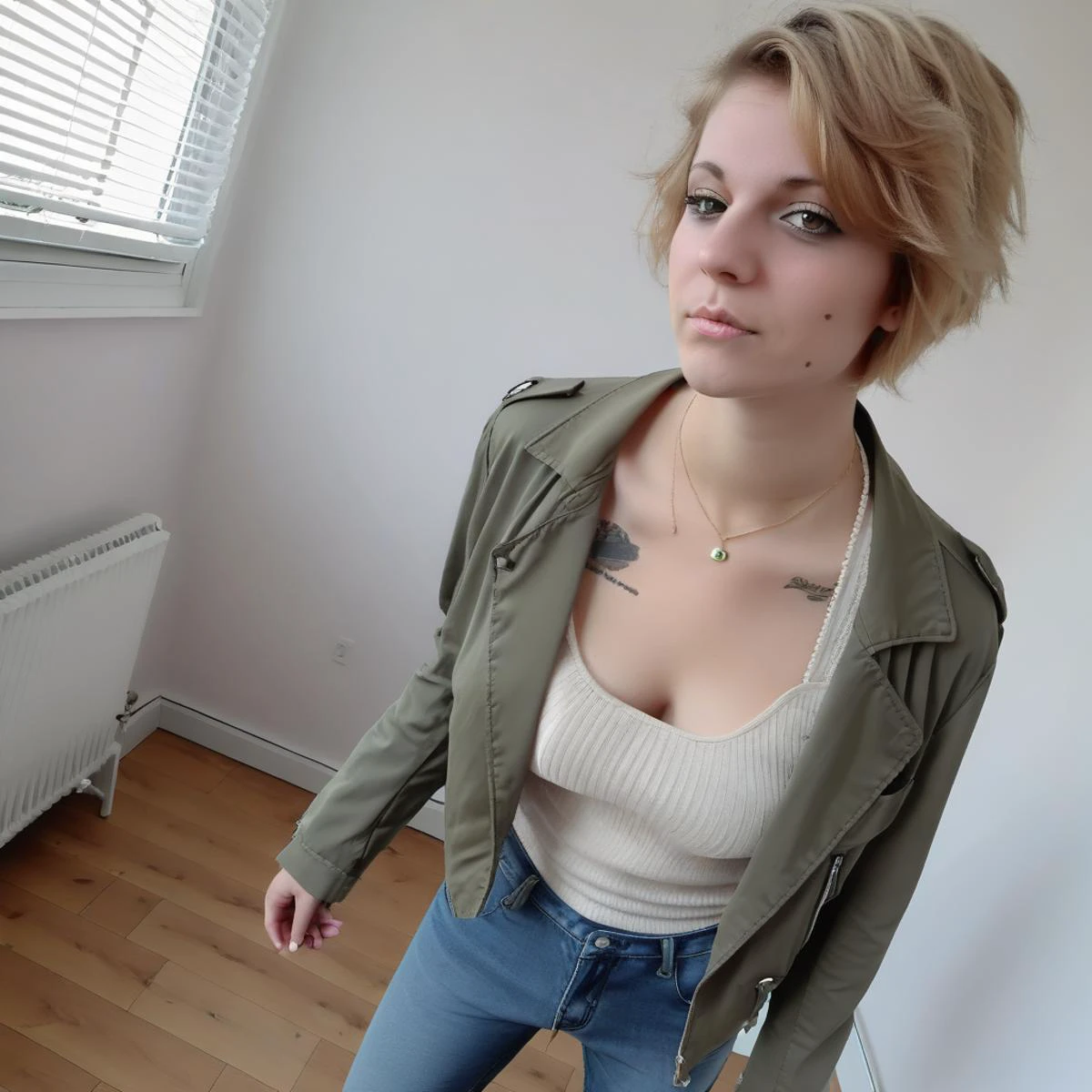 b(4k,masterpiece)((photorealistic:1) full body, 1girl, solo, photograph of a200 woman wearing white croptop, short ivory shirt, cream cutoff shirt, alabaster tummy top, cotton white belly shirt, chiffon camisole, porcelain halter top:0.2 BREAK army green jacket, emerald bomber jacket, pine green parka, lime green blazer:0.2 BREAK low-waisted long blue jeans, baggy denim pants, navy leggings:0.2 BREAK brown combat boots, umber tactical boots, mocha timberlands BREAK short blonde pixie cut hair, strawberry-blonde hair kneeling, full body photo of a supercute 28yo blonde dutch girl called b200 woman, happy, bedroom, silk camisole, candyfloss-hair, pussy, detailed skin textures and detailed skin pores. pimples. dildos and vibrators (4k,masterpiece)((photorealistic:1), best quality, b200 woman, collarbone, wavy hair, looking at viewer, blurry foreground, upper body, necklace, contemporary, plain pants, intricate, print, pattern, ponytail, freckles, red hair, dappled sunlight, smile, happy