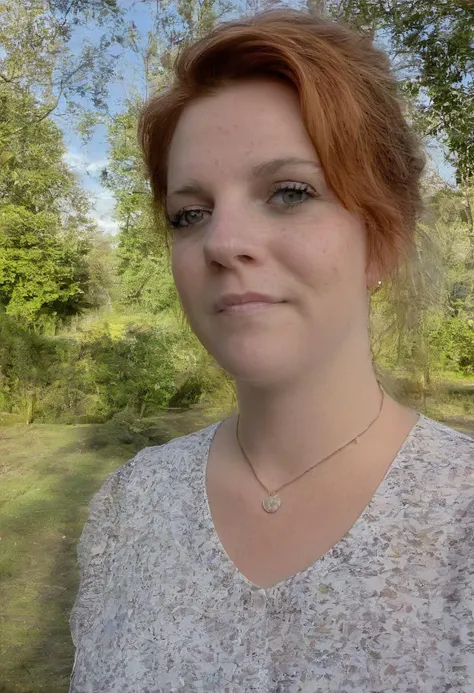 clpse up shot, <lora:b200_woman:0.8>, realistic photo of a b200 woman, hair, freckles, necklace, wearing a blouse, standing, trees in background, sunlight