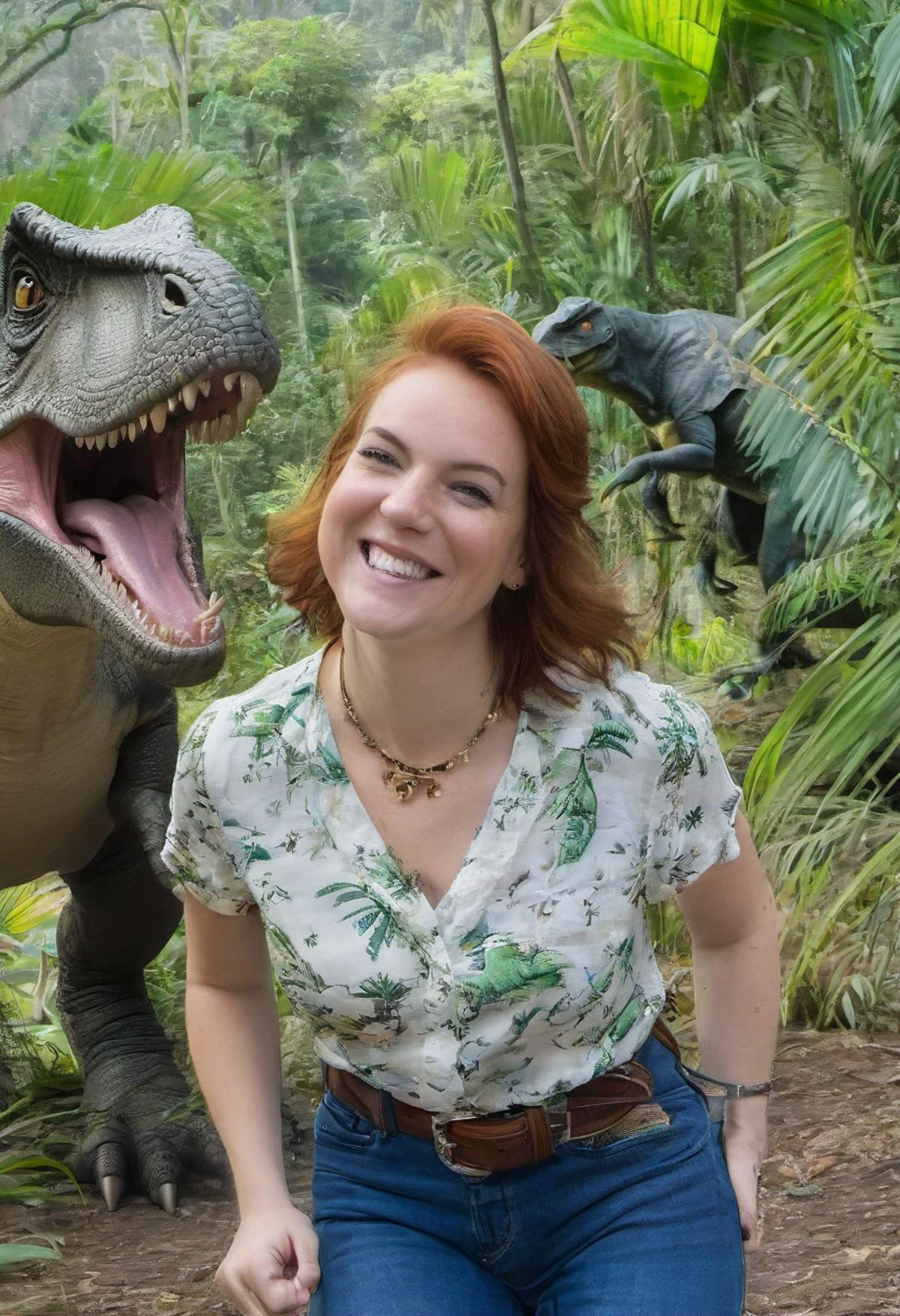 medium body shot, <lora:b200_woman:0.8>, realistic photo of a b200 woman, hair, freckles, necklace, wearing a blouse, wearing jeans, belt, smiling, teeth, jungle background, dinosaurs, trex, raptors, sunlight