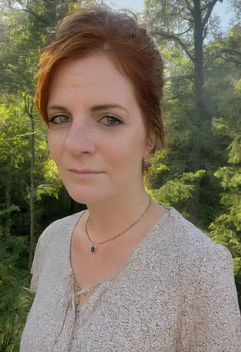 clpse up shot, <lora:b200_woman:0.7>, realistic photo of a b200 woman, hair, freckles, necklace, wearing a blouse, standing, trees in background, sunlight