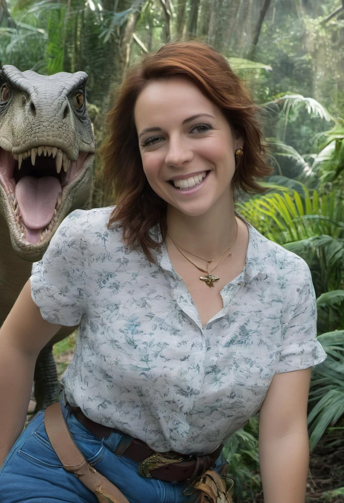 medium body shot, <lora:b200_woman:0.8>, realistic photo of a b200 woman, hair, freckles, necklace, wearing a blouse, wearing jeans, belt, smiling, teeth, jungle background, dinosaurs, trex, raptors, sunlight