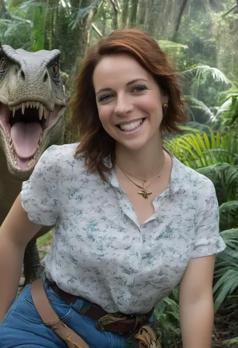 medium body  shot, <lora:b200_woman:0.8>, realistic  photo of a b200 woman, hair, freckles, necklace, wearing a blouse, wearing jeans, belt, smiling, teeth, jungle background, dinosaurs, trex, raptors, sunlight