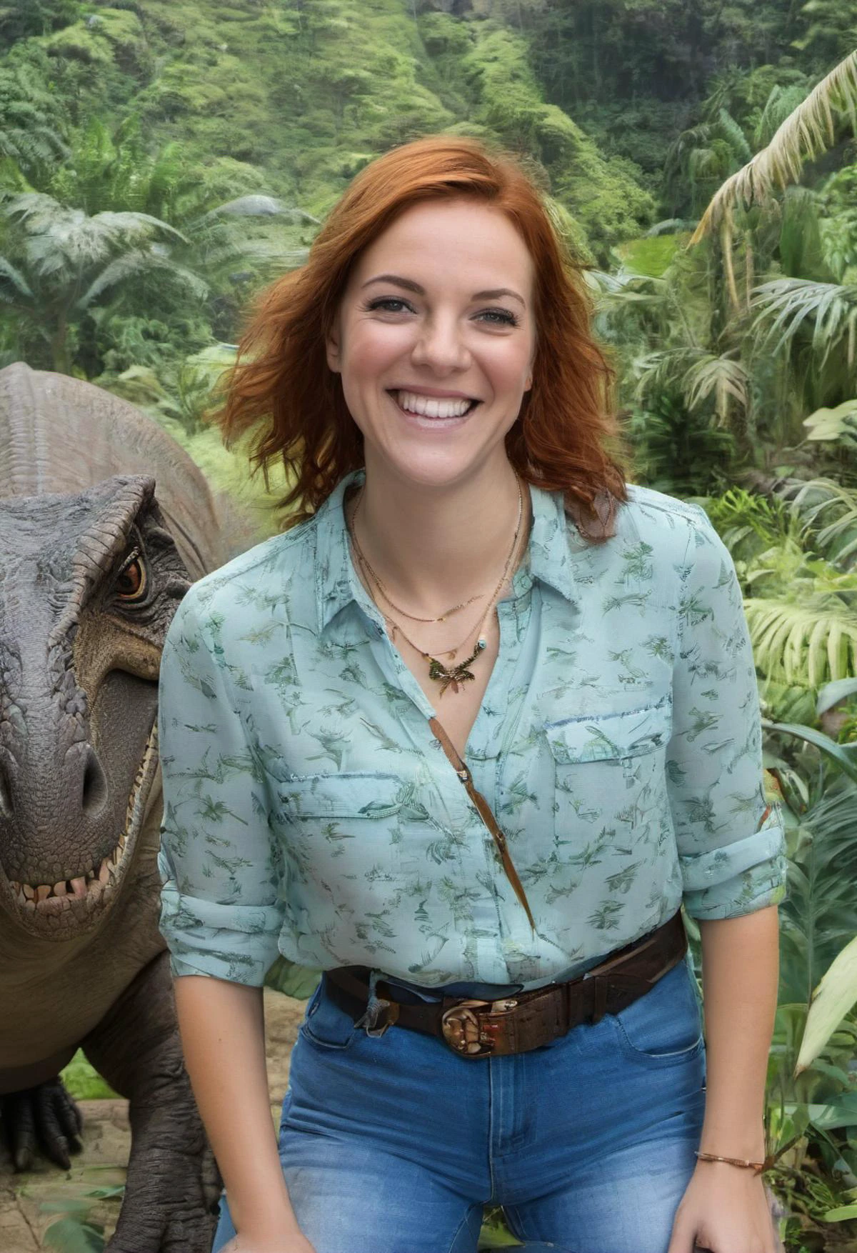 medium body shot, <lora:b200_woman:0.8>, realistic photo of a b200 woman, hair, freckles, necklace, wearing a blouse, wearing jeans, belt, smiling, teeth, jungle background, dinosaurs, trex, raptors, sunlight