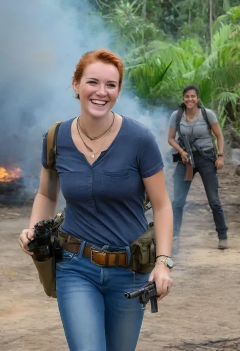 medium body  shot, <lora:b200_woman:0.8>, realistic  photo of a b200 woman, hair, freckles, necklace, wearing a blouse, wearing jeans, belt, smiling, teeth, jungle background, war, smoke, tanks, fire, guns, sunlight