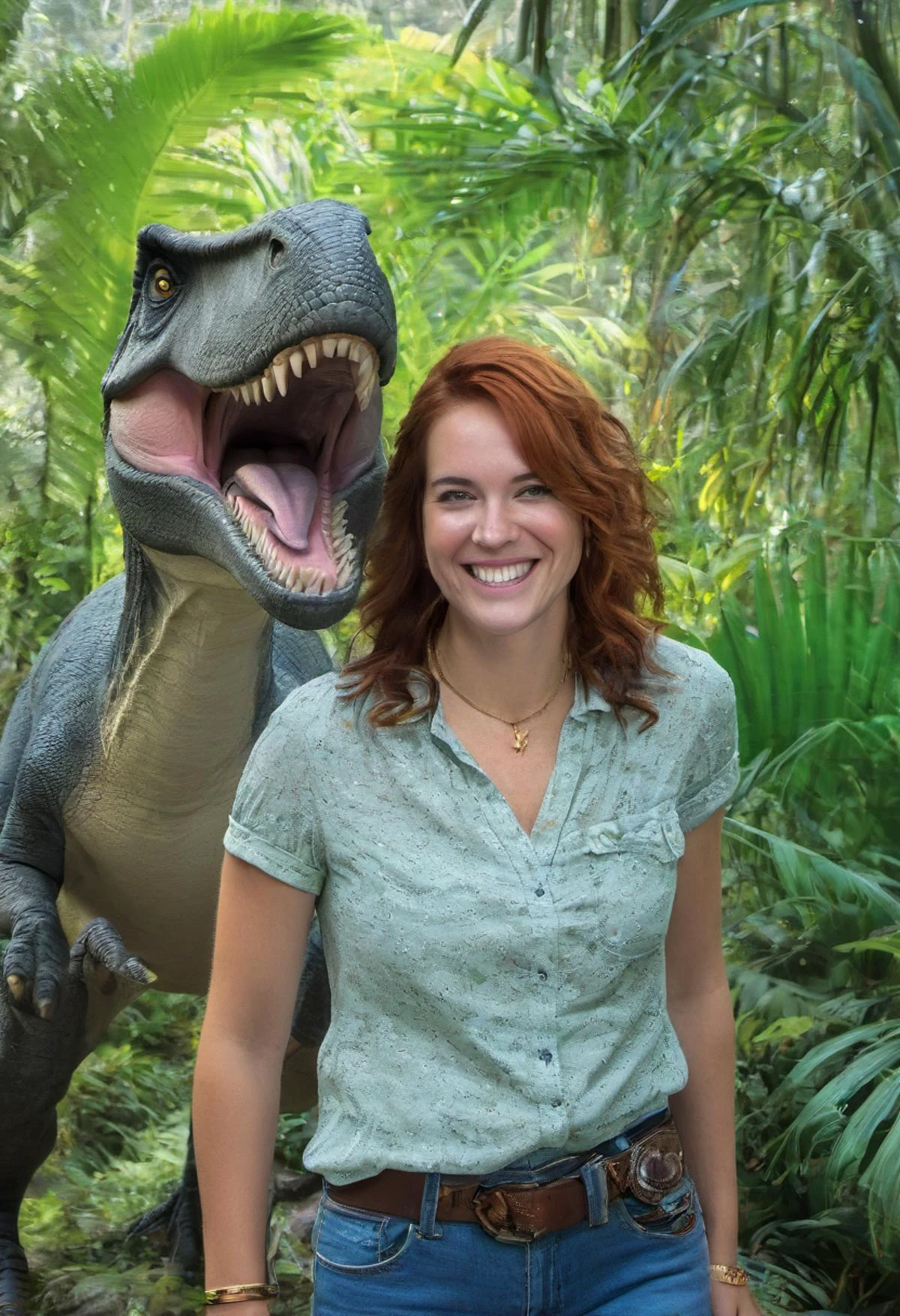 medium body shot, <lora:b200_woman:0.8>, realistic photo of a b200 woman, hair, freckles, necklace, wearing a blouse, wearing jeans, belt, smiling, teeth, jungle background, dinosaurs, trex, raptors, sunlight