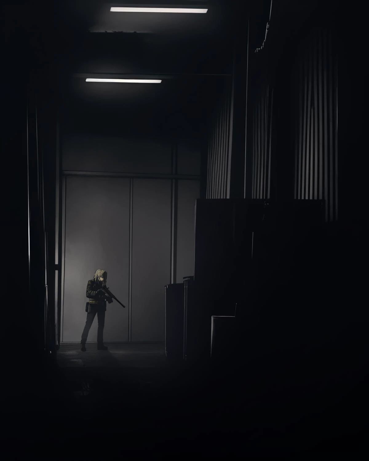 ((in the style of A-1 pictures, anime screencap)) sniper wolf <lora:sniperwolf-nvwls-v2:1>, solo, (cowboy shot:1.4), wearing baggy military fatigues, carrying shotgun, guarding a large military warehouse, stacks of military containers in background, (dark ominous florescent lighting:1.1), fully interior, <lora:LowRA:1>, dark theme