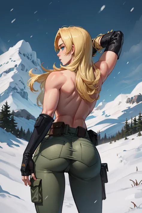 masterpiece, best quality, mgssniperwolf, blue eyes, shirtless, from behind, green pants, fingerless gloves, snow, white sky <lora:sniperwolf-nvwls-v2-000010:0.9>