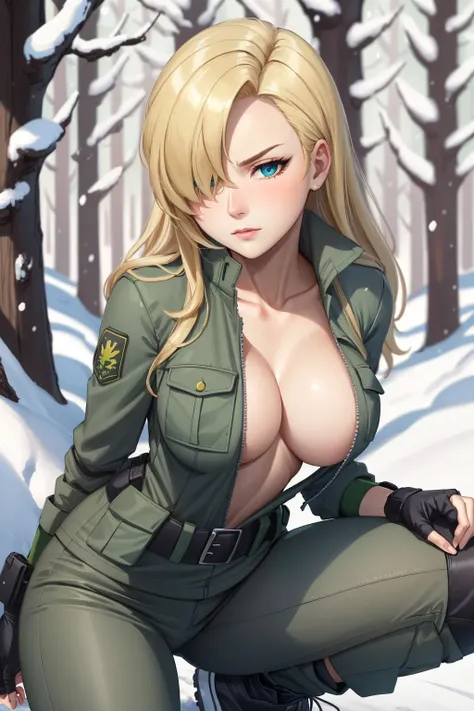 masterpiece, best quality, mgssniperwolf, blue eyes, hair over one eye, green jacket, cleavage, belt, green pants, fingerless gloves, upper body, snow, boreal forest, one knee, blank expression <lora:sniperwolf-nvwls-v2-000010:0.9>