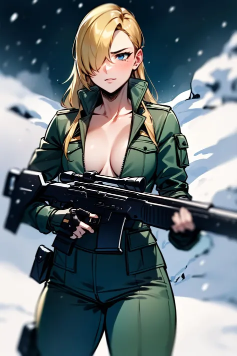 masterpiece, best quality, mgssniperwolf, blue eyes, hair over one eye, green jacket, (cleavage:0.7), belt, green pants, fingerless gloves, holding sniper rifle with both hands, night, snow, chiaoscuro shading, outdoors <lora:sniperwolf-nvwls-v2-000010:0.9>