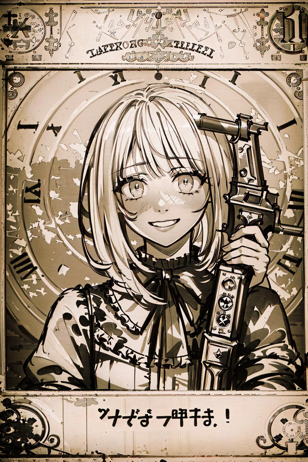 Highly detailed, High Quality, Masterpiece, beautiful, sharp focus, shiny skin, best quality, perfect anatomy:1.4, high detailed, 8k, highres, lineart, sketch, (masterpiece:1.4), (highest quality:1.4), (sharp focus:1.2), (colored:1.3), (digital painting:1.1), 8k wallpaper, (tight gap:1.2), (detailed face and eyes:1.15), (1girl, solo:1.4), female focus, looking at viewer, (npzw, text, sepia, monochrome:1.3), <lora:Style_OldNewspaper:1.2>, portrait, tokisaki kurumi, (clock_eyes), symbol-shaped_pupils, ribbon, astral dress, <lora:Char_DateALife_TokisakiKurumi:0.5>, (gun, gun to head, holding gun, weapon, holding weapon:1.3), <lora:Pos_Gun2Head:
0.8>, crazy face, crazy eyes, crazy smile, small pupils, <lora:Expression_Crazy:0.8>
