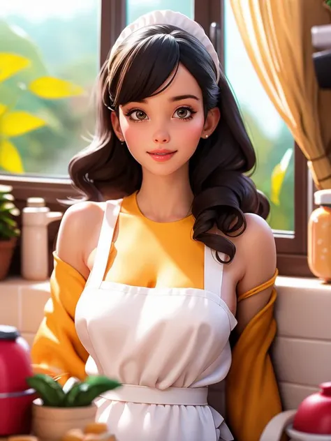 nijistyle, pov selfie, portrait of beautiful milf in white apron, bare shoulders, short black hair, kitchen, window, steam, (sexy:1.2)