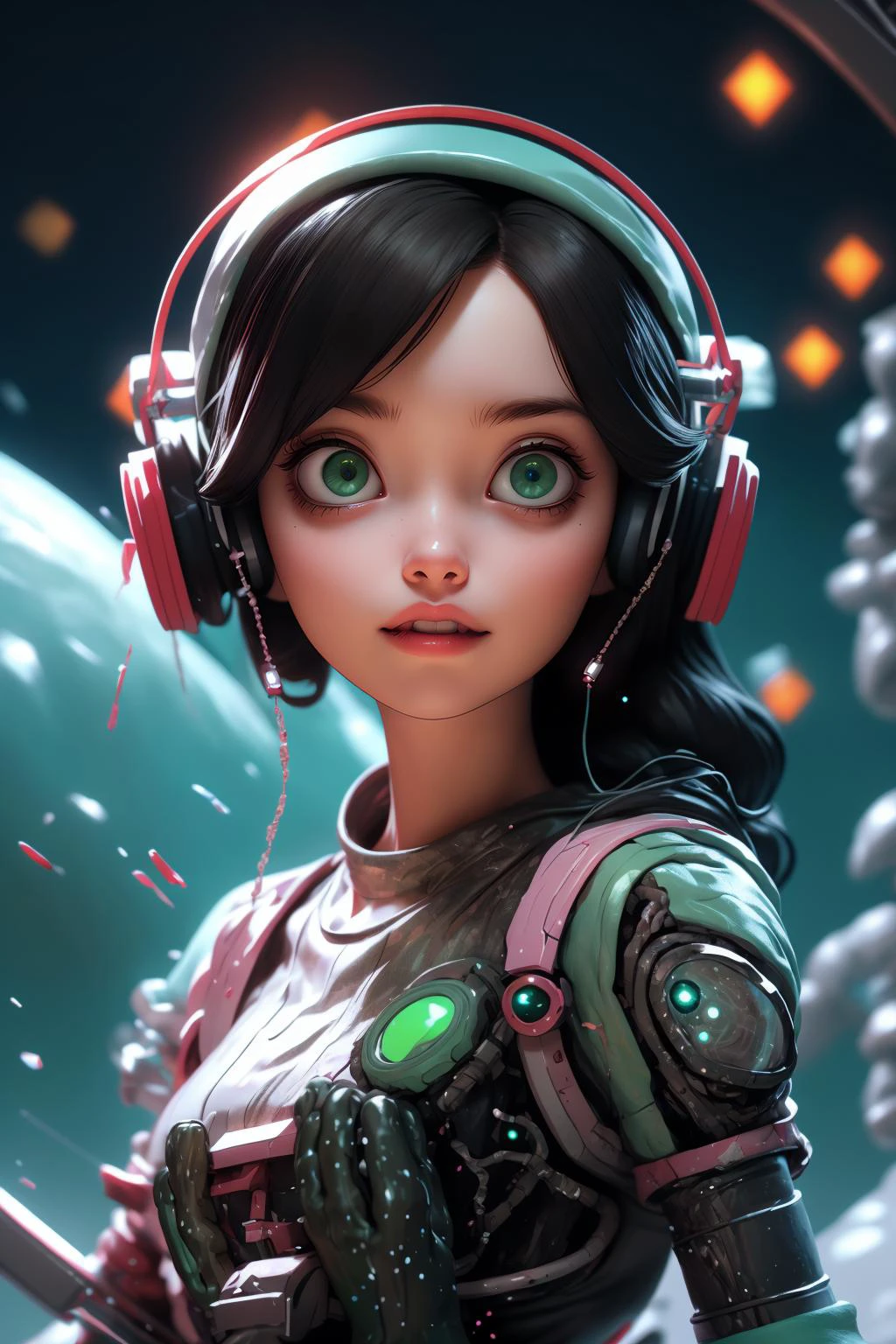 masterpiece, absurdres, best quality, best aesthetic, intricate details, 1girl, solo, (green eyes, black hair:1.2), cowboy shot, turning head, parted lips, earpiece, (shining eyes:1.1), (biopunk:1.5), (fractal art, (kaleidoscope:0.9):1), (shine effects, lighting effects:1.1), (masterpiece,best quality:1.5), stunning environment ,vibrant colors,soft lighting,gorgeous light and shadow , warm